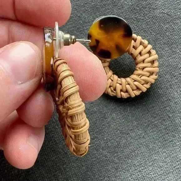 Rattan Hoop Dangle Earrings Bohemia Straw Braided Wicker Tortoise Shell - Picture 4 of 6